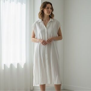 Uniqlo Sz XS Relaxed Oversized Linen Blend White Button Front Shirt Midi Dress